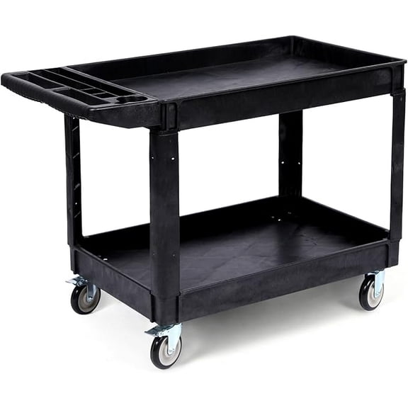 2-Shelf Heavy Duty PP Service Cart Rolling Utility Cart with 360° Swivel Wheels, 550LBS, Large Shelf, Storage Handle, for Warehouse/Garage/Cleaning, Medium