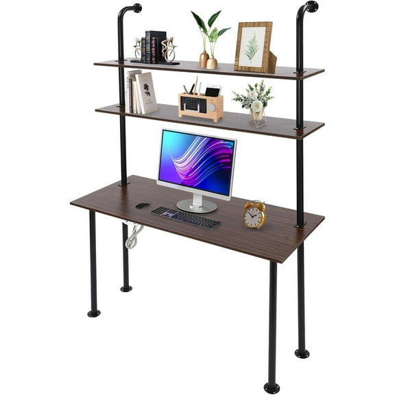 2-Shelf Industrial Wall Mount LadderWall Mount Computer Desk Writing Desk,Industrial Bookcase Desk with ShelvesFloating Desk with Storage, Wall Table for Home Office, Brown (47.2"20"79")