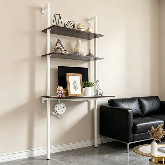 2-Shelf Industrial Wall Mount Ladder, Wall Mount Computer or Writing Desk, Computer Laptop Desk with Shelves, Floating Desk with Storage, Wall Table for Home Office, White (20" x 30" x 72.5")