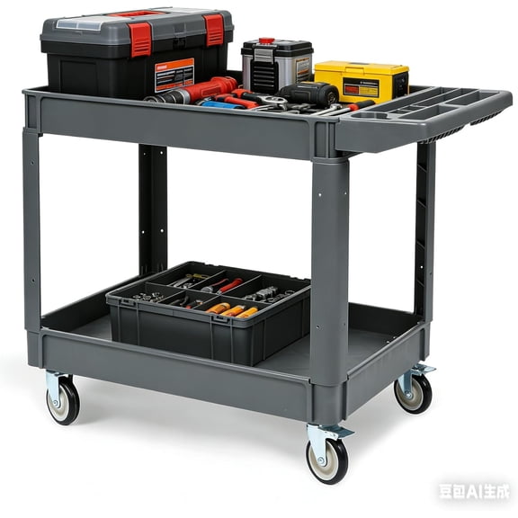 2 Shelf Utility Cart, Heavy Duty PP Service Cart with 360° Swivel Wheels ( with Brakes), 550LBS Capability, Ergonomic Storage Cart for Warehouse, Garage, Market, Gray, 40*17*3.5 in