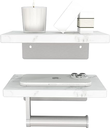 Double Nickel Toilet Paper Holder with White Marble Shelves