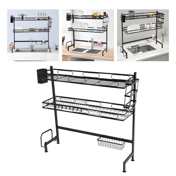 2 Shelves Black Over Sink Dish Drying Rack Cutlery Drainer Kitchen Cup Organizer 85*28*82cm for Kitchen