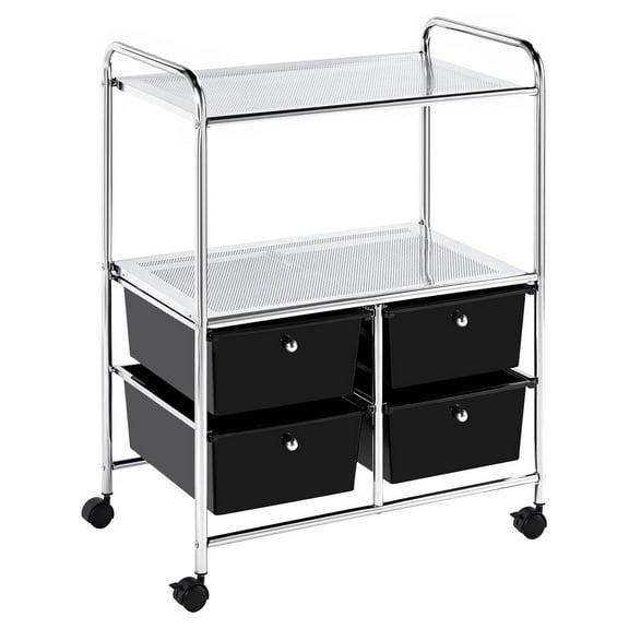 2 Shelves Plastic Storage Cart with 4 Drawers Rolling Storage Cart on Wheels Stable Steel Frame Metal Rack Shelf Palette Organizer