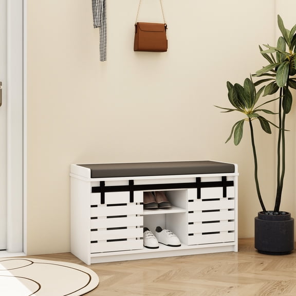 2 Shoe Storage With Sliding Doors & Soft Seat - White Modern Entryway Bench Doors, Cushion