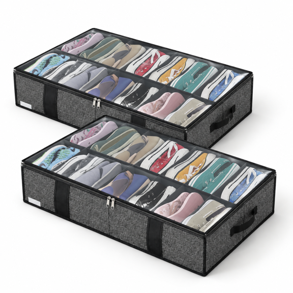 2 Shoes (14+14 Cells) Linen-like Black Underbed Shoe Storage Bags