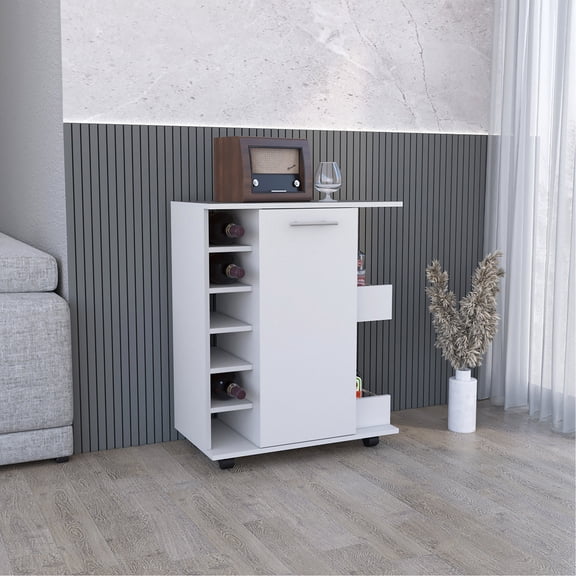 2 - Side Shelf & 6 - Wine Rack Bar Cart | Movable in Living Space, Hidden Storage Cabinet | Engineered Wood Main Material | Organizes Bar Accessories