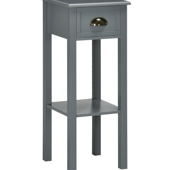 2 Side Table With Drawer, Narrow End For Living Room & Bedroom, Gray. Added Storage Magazines, Books, Plants Photos. Elegant Design, Stable Construction, Toppling Device. High Bottom Shelf Protects