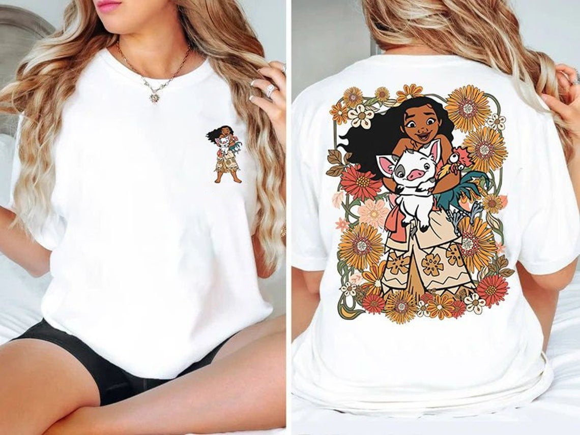 2Sided Disney Moana 2 Movie 2024 Tshirt, Moana Hei Hei Rooster Pua
