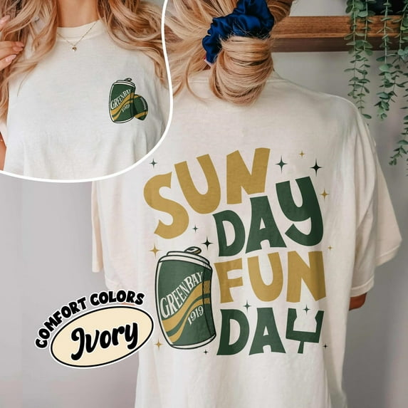 2 Sided Green Bay Football Comfort Colors Shirt, Sunday Funday Game Day T-Shirt,Ivory Color,Size XL