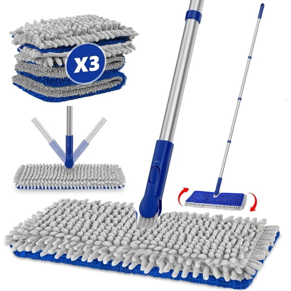 2-Sided Microfiber Dust Mop: Dry Flat Wall Mop for Hardwood Floors with 3 Pads Reversible for Apartment Kitchen Tile Laminate Cleaning