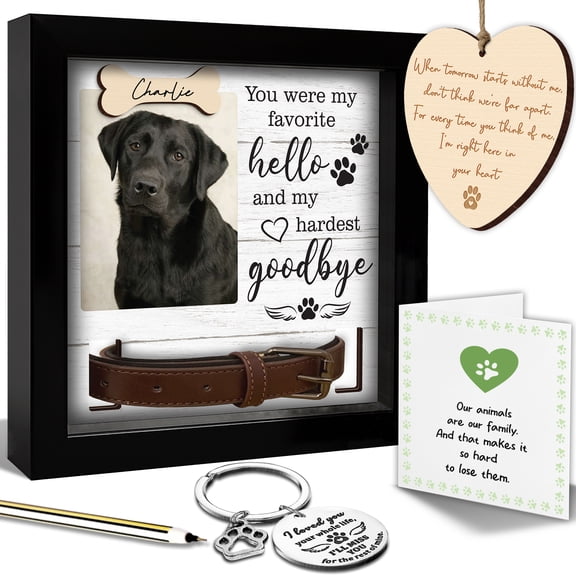 2-Sided Pet Memorial Frame with Collar Holder, Pet Memorial Ornament, Dog Cat Sympathy Card, Loss of Dog Paw Print Keychain, Remembrance Gift for Cat Lovers, Favorite Hello Hardest Goodbye PF225