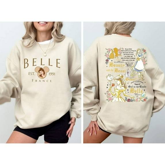 2-Sided Vintage Tale As Old As Time Sweatshirt, Disney Princess Belle France Est 1991 Sweater, Disnayland Trip Shirt,Sand Color,Size XL