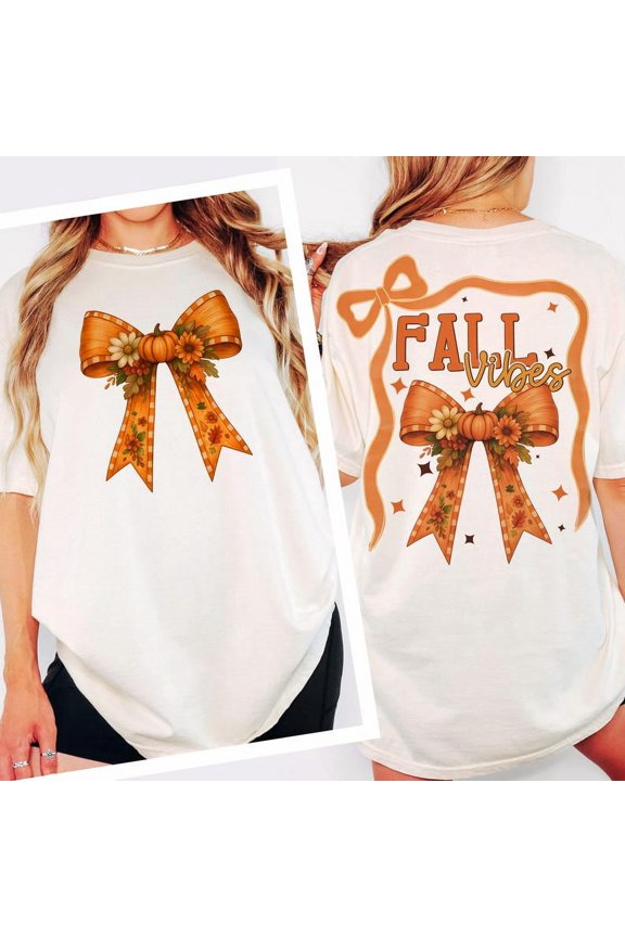 2 Sides Shirt, Fall Bow Front and Back Shirt, Coquette Autumn Tee with Pumpkin Floral Ribbon, Cute Fall Vibes Shirt for Seasonal Outfits and Women’s Fashion