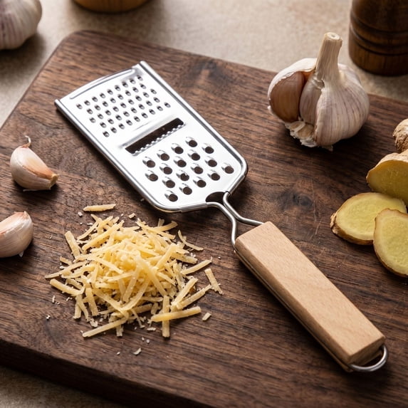 2 Sides Stainless Steel Cheese Grater with Wooden Handle, Handheld Flat Zester Grater for Cheese Garlic Ginger Nutmeg Lemon, Multi-purpose Kitchen Shredder Slicer Tool