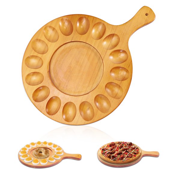 2 Sides Wooden Deviled Egg Platter & Charcuterie Board, Round Deviled Egg Tray, Cutting Cheese Board Deviled Egg Serving Platter Holder Container for Countertop Party