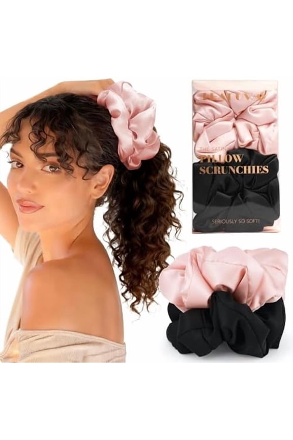 2 Silky Scrunchies No Pillow Scrunchies, Silk-Lilk Soft Hair Ties Ponytail Holders for Sleeping, Curly Thick or Thin Hair ( & Black)