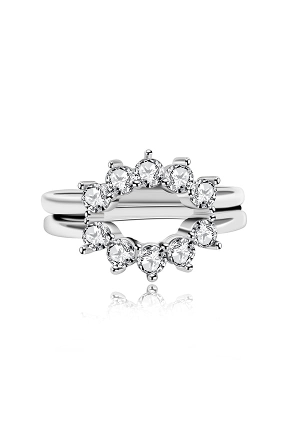 2 Silver Color Stacking Rings Set for Women with Cubic Zirconia, Rhodium Plated Sterling Silver Tiara Crown Dainty Wedding Engagement Promise Halo Ring Enhancer Size 7 Y1520
