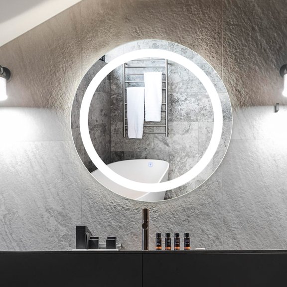 2' Silver Round Wall Mirror with Built-In Smart LED Lighting & Touch Control Dimming Glass Aluminum Alloy Metal