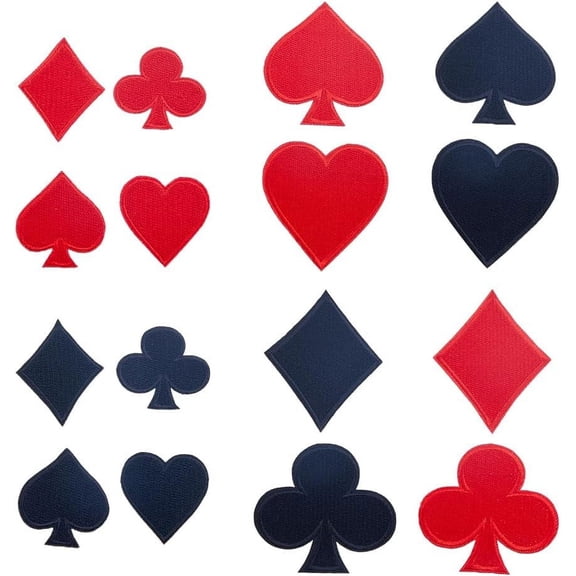 2 Sizes 8 Styles Playing Cards Appliques Poker Fabric Applique Kit Iron On Sew On Patches Playing Cards Logo Patch Poker Cards Gaming Embroidered Appliques Hearts Spades Black Hearts colorful