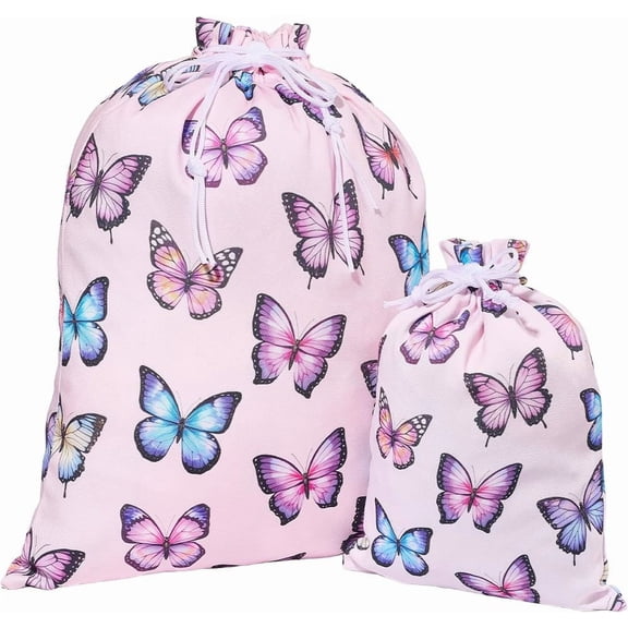 2 Sizes Butterfly Drawstring Gift Bags 20" Large 12" Small Butterflies Printed Reusable Polyester Fabric Gifts Wrap Bag Sack