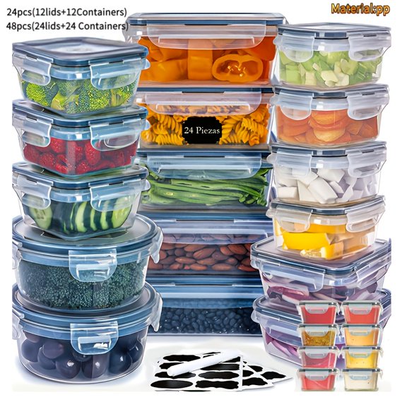 2 Sizes Plastic Airtight Food Storage Containers Set (24pcs/48pcs), Buckle Lid, With Marker & Sticker, For Kitchen Rice Fruit Vegetable, Picnic Party Gift New Year