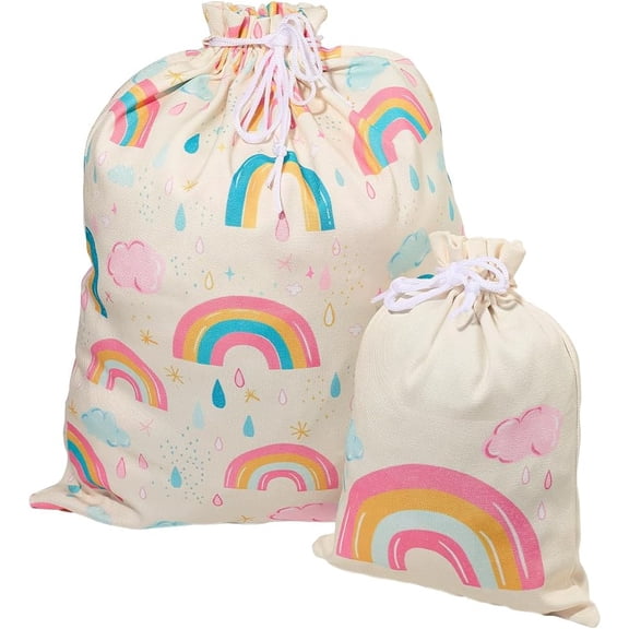 2 Sizes Rainbow Drawstring Gift Bag Pouches 20" Large 12" Small Boho Fabric Reusable Gifts Wrap Bags Treat Pouch for Present Wrapping