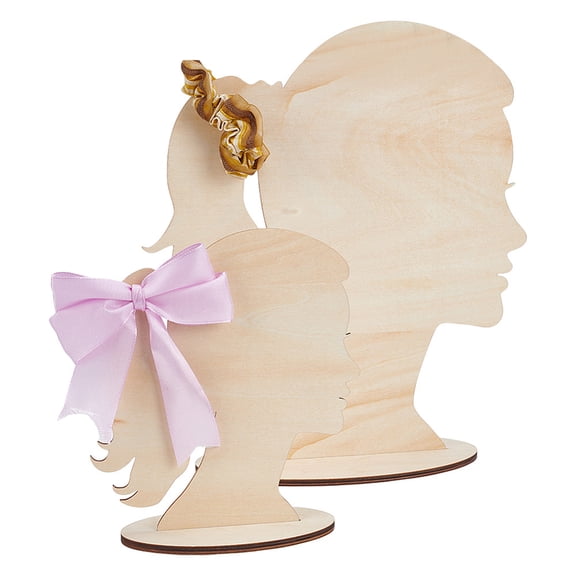 2 Sizes Single Tail Girl Wooden Head Child Silhouette Stands Hair Bow Display Craft Blanched Almond Finish Product: 6x14x17cm and 10x25x30cm