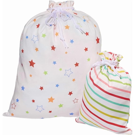 2 Sizes Star Gift Bag with Drawstring Large Reusable Stars Stripe Printed Present Wrapping Sack Fabric Gift Wrap Bags