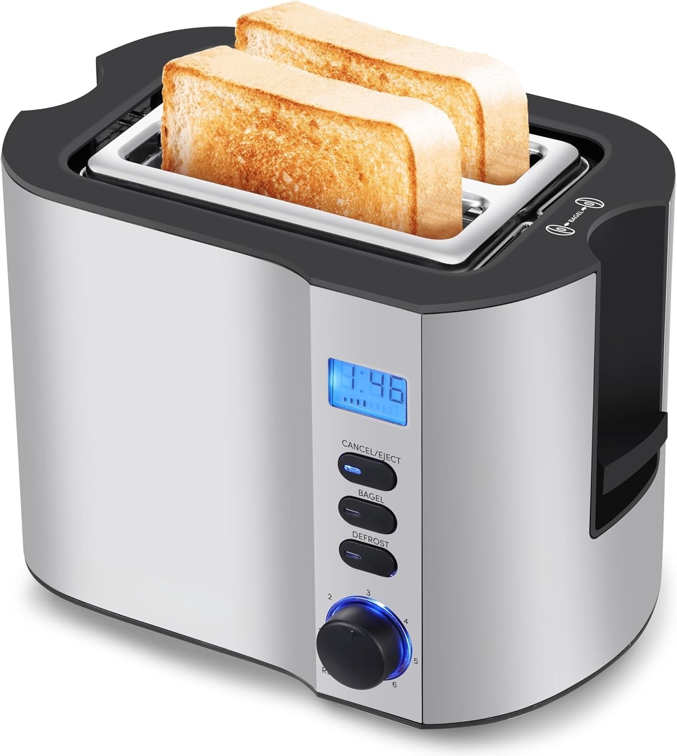 2-Slice Cool Touch Toaster - 6 Browning Settings, Extra Wide 1.25" Slots for Bagels & Waffles, Cancel Function, Removable Crumb Tray, Compact (Black)