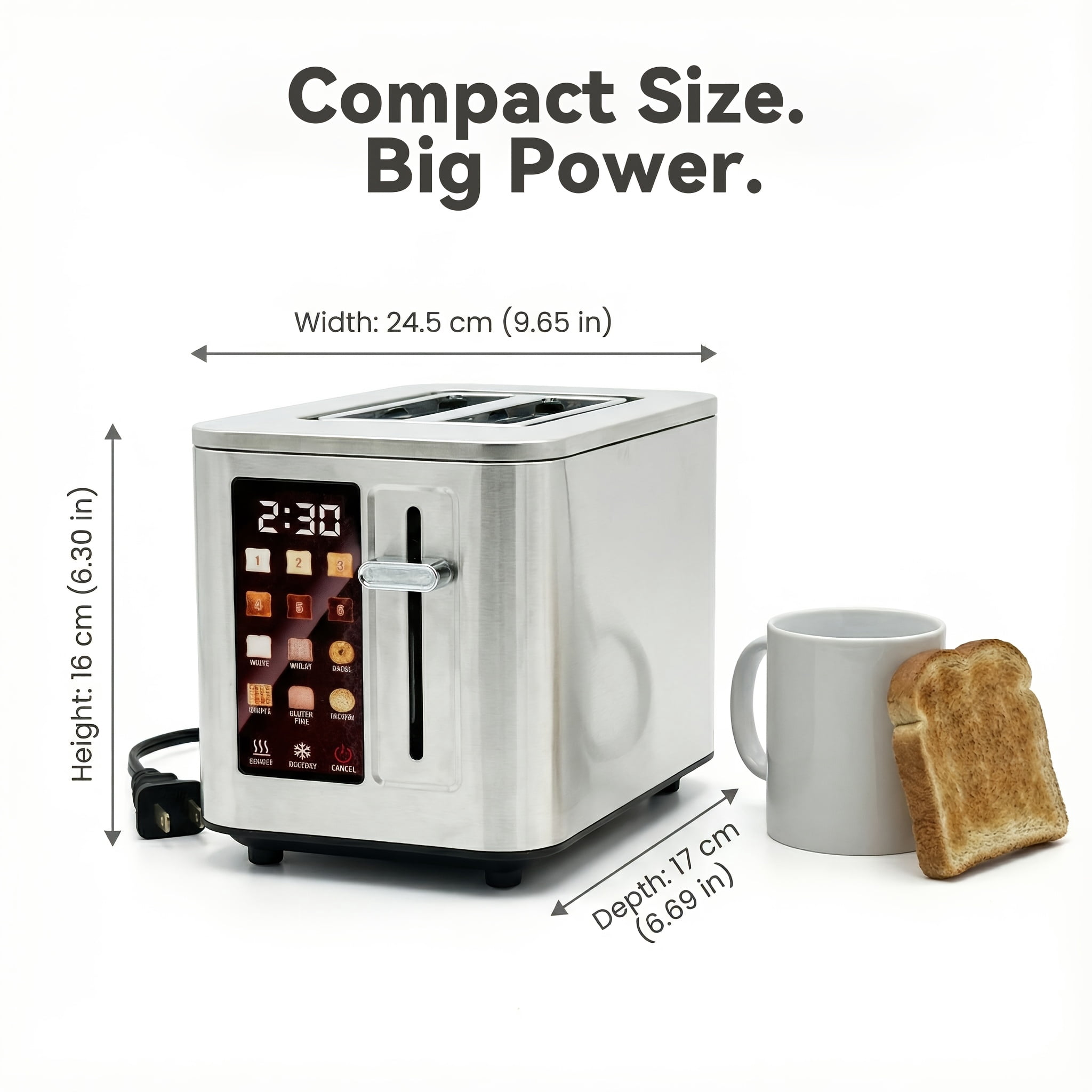 2-Slice Digital Touchscreen Toaster, 6 Bread Types & Toasting Levels, Widened Slots, Removable Crumb Tray, Compact & Easy-Clean