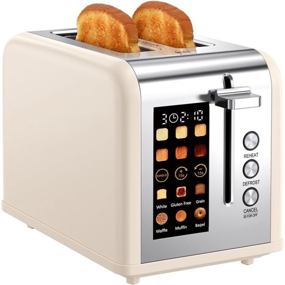 2 Slice Easy Screen Toaster, Stainless Steel Toaster with Wide Slots, Even Toasting for Bagels & Bread, Reheat & Defrost, Removable Crumb Tray, Cream Color