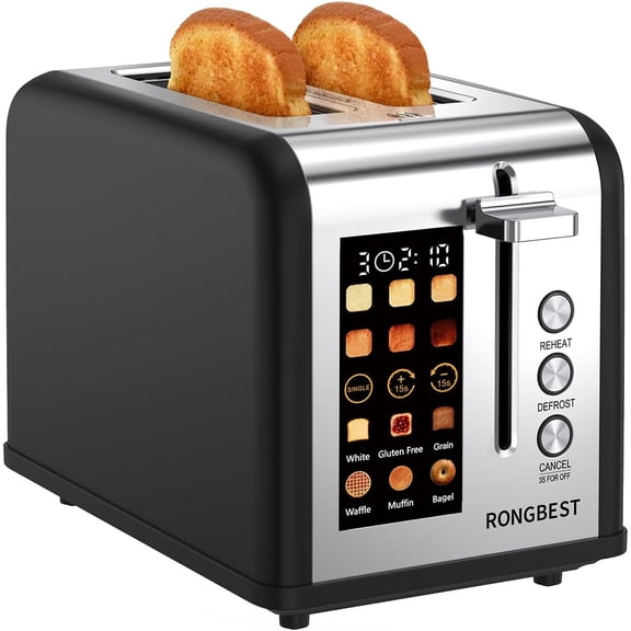 2 Slice Easy Touch Screen Toaster, Stainless Steel Toaster with Wide Slots, Even Toasting for Bagels & Bread, Reheat & Defrost, Removable Crumb Tray, Matt Black
