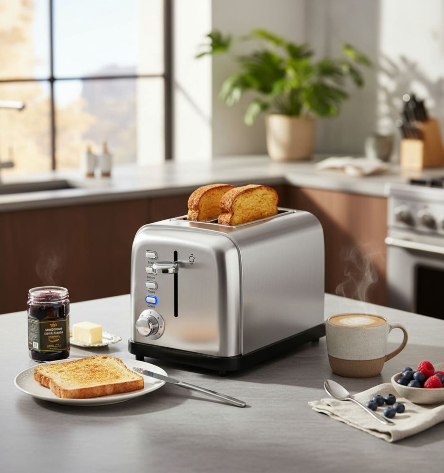 2 Slice Extra Wide Slot Toaster Brushed Stainless Steel 7 Shade Settings 900W with Bagel Defrost Functions
