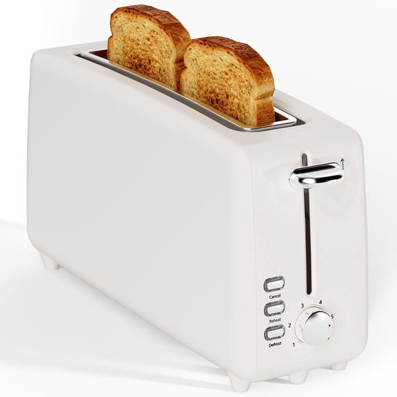 2 Slice Long Slot Toaster, Stainless Steel Toaster with 6 Browning Shade Settings, 10" Extra Long Slot Fits Bagels & Artisan Bread, Defrost & Cancel Functions, Removable Crumb Tray,White
