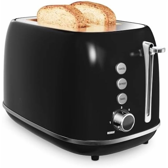 2 Slice Retro Stainless Steel Toaster with Bagel, Cancel, Defrost Function and 6 Bread Shade Settings Bread Toaster, Extra Wide Slot and Removable Crumb Tray (Black)
