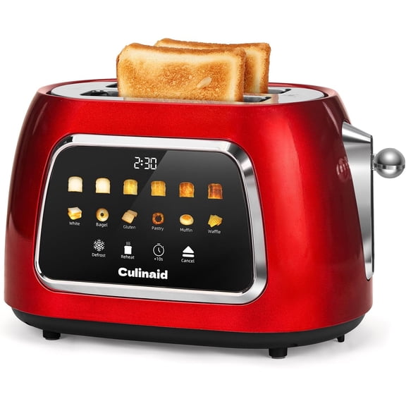 2 Slice Smart Touch Screen Retro 1.5 Extra Wide Slot Stainless Steel Digital Bread Toaster with Memory Function Bagel Defrost 6 Browning Levels and Removable Crumb Tray Red