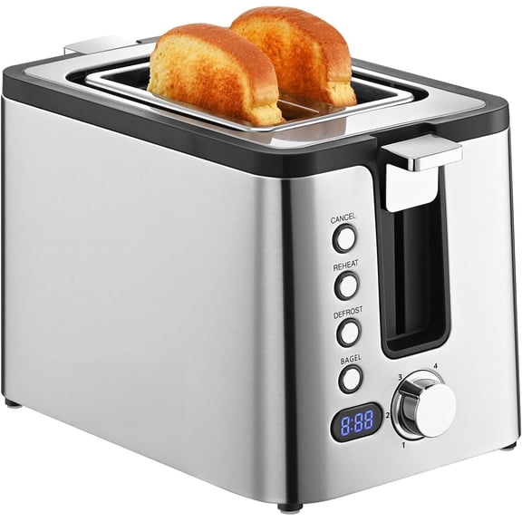 2-Slice Stainless Steel Toaster 800W - Extra Wide Slots, 6 Browning Settings, Warming Rack & Timer