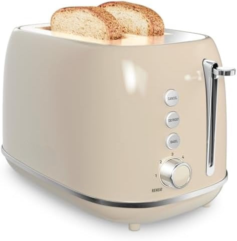2 Slice Stainless Steel Toaster Retro with 6 Bread Shade Settings, Bagel, Cancel, Defrost Function, 2 Slice Toaster with Extra Wide Slot, Removable Crumb Tray, Tauge
