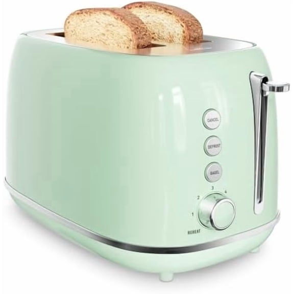 2 Slice Stainless Steel Toaster Retro with 6 Bread Shade Settings, Bagel, Cancel, Defrost Function, Extra Wide Slot, Removable Crumb Tray Green