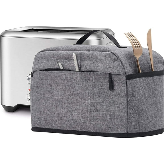 2 Slice Toaster Cover with Zipper & Open Pockets, 2-in-1 Toaster Bag with Pockets Toaster Storage Bag with Handle, Dust and Fingerprint Protection, Machine Washable, Gray