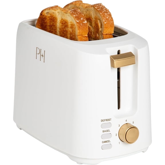 2-Slice Toaster, Extra-Wide Slots, 7 Browning Settings, Bal & Defrost Functions, Removable Crumb Tray, White
