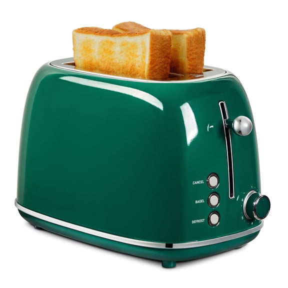 2 Slice Toaster Retro Stainless Steel with Bagel, Cancel, and Defrost Functions, 6 Bread Shade Settings, Extra Wide Slots and Removable Crumb Tray, Green