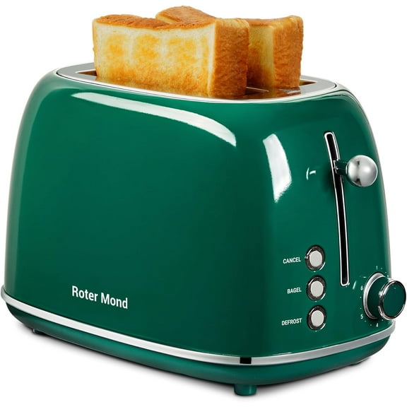 2 Slice Toaster Retro Stainless Steel with Bagel, Cancel, and Defrost Functions, 6 Bread Shade Settings, Extra Wide Slots and Removable Crumb Tray, Green