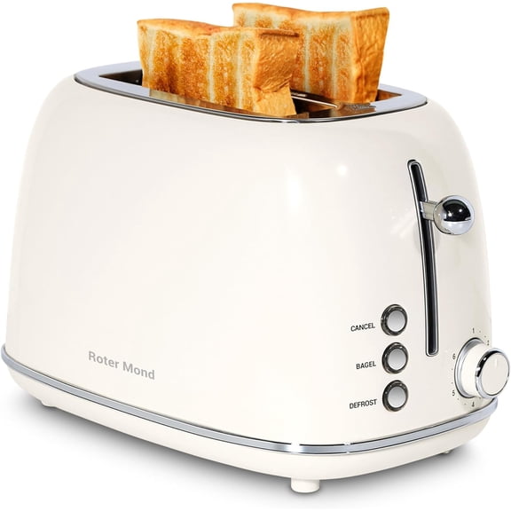2 Slice Toaster Retro Stainless Steel with Bagel, Cancel, and Defrost Functions, 6 Bread Shade Settings, Extra Wide Slots Removable Crumb Tray, Cream