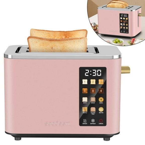 2 Slice-Toaster,Touch Control LCD Screen,6 Shade Setting & Bread Selection,Removable Crumb Tray,Stainless Steel,900W,Pink