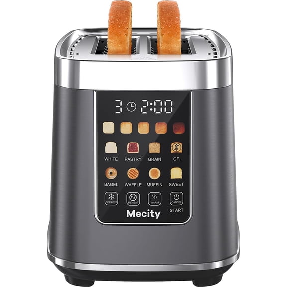2 Slice Toaster with Touch Screen & Auto Lift, Stainless Steel Cool-Touch Toaster with 8 Bread Settings, 5 Shade Levels, 1200W High Power, Keep Warm & Reheat Function, Metallic Grey, 120V