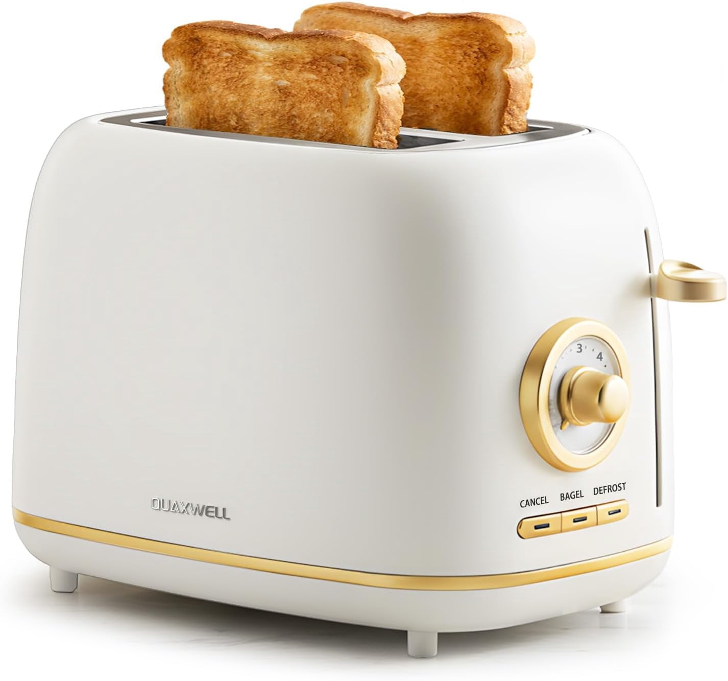 2-Slice Toaster Wide Slots 7 Bread Shade Settings Stainless Steel Bagel Cancel and Defrost Functions Removable Crumb Tray Retro Style Toaster Matte White Gold