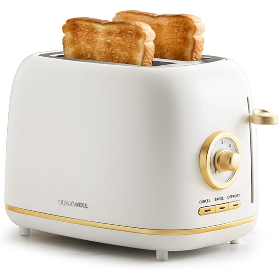 2-Slice Toaster Wide Slots 7 Bread Shade Settings Stainless Steel Bagel Cancel and Defrost Functions Removable Crumb Tray Retro Style Toaster Matte White Gold
