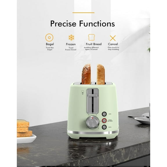 2 Slice Toaster with Wide Slots, High Lift, Auto Off, & Frozen Modes - Green