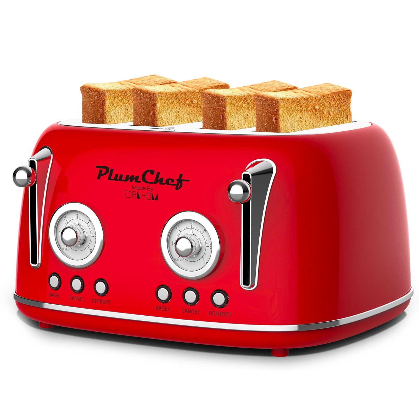 Plum Chef 4 Slice Toaster, Retro Stainless Steel with Bagel Defrost Cancel Function, 6 Browning Settings, Dual Control Toaster with Extre Wide Slot & Removable Crumb Tray, Red, 1650W